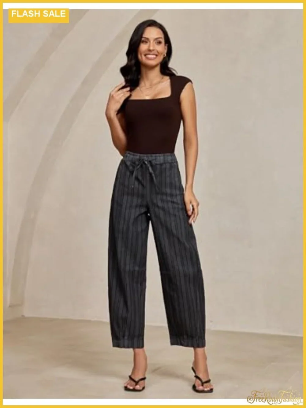 Striped Barrel Cropped Jeans High Waisted Pull On Elastic Waist Wide Leg